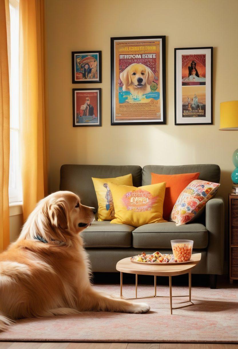 A cozy, inviting living room scene with a large screen displaying a classic feel-good movie, plush cushions, and popcorn scattered around. Sunlight filters in through sheer curtains, creating a warm atmosphere. A golden retriever lounges contentedly on the floor, with movie posters of iconic feel-good films adorning the walls. Elements that evoke nostalgia and happiness, such as a bowl of candies and a vinyl record player, are included. vibrant colors. warm and inviting. super-realistic.