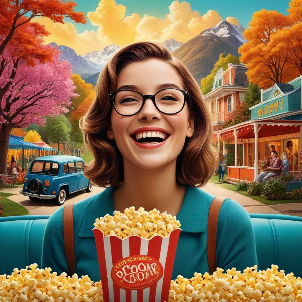 A vibrant collage of iconic movie scenes featuring diverse characters enjoying life, with smiling faces and picturesque backdrops like sunny parks and cozy living rooms. Integrate elements like popcorn, film reels, and colorful movie tickets to symbolize joy and cinematic adventure. The overall atmosphere should radiate happiness and contentment, enticing the viewer to explore the world of film. digital art. bright colors. cinematic style.