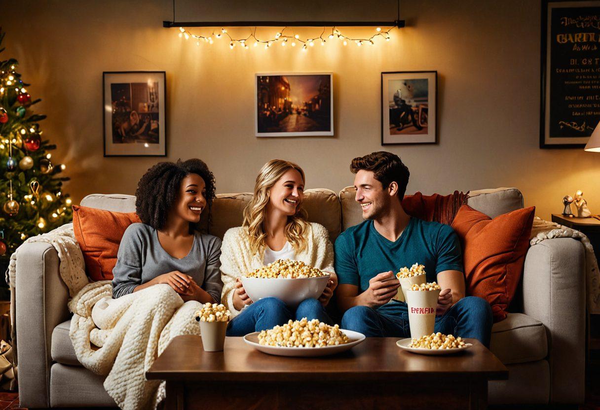 A cozy movie night scene featuring a plush sofa with colorful blankets and pillows, a big bowl of popcorn, and a vintage projector casting warm light on a wall displaying iconic movie posters of feel-good films. Include smiling faces of diverse friends enjoying together, twinkling fairy lights in the background, and a soft glow to evoke happiness. super-realistic. vibrant colors. cozy atmosphere.